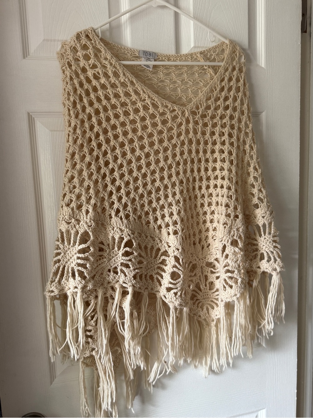 Tobi Cream Crochet Fringe Poncho